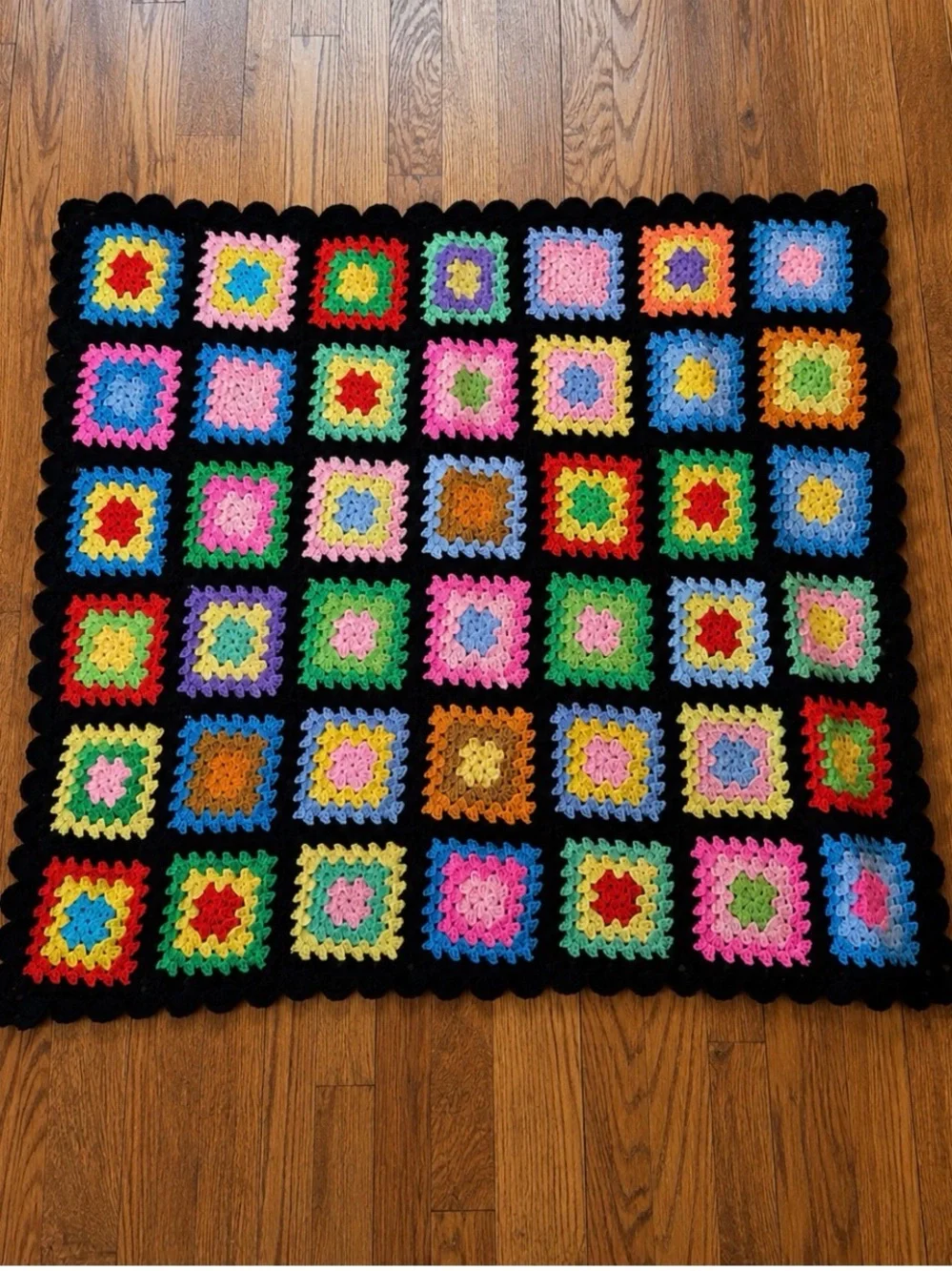Handmade Multicolor Crochet Granny Square Throw with Black Border